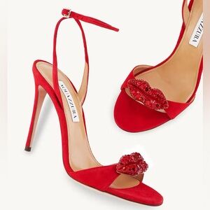 Aquazzura Kiss Me Sandal 105 in red suede with a crystal-embellished lip detail